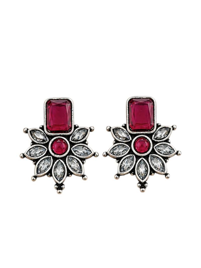 German silver ruby red floral drop earrings