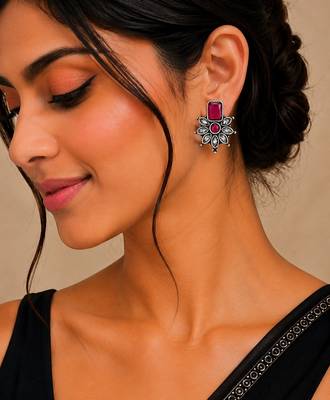 German silver ruby red floral drop earrings 5