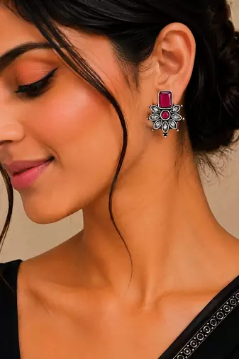 German silver ruby red floral drop earrings