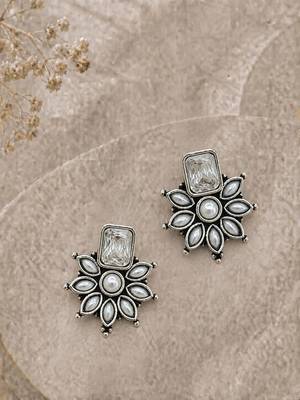German silver white floral drop earrings 1