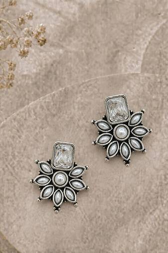 German silver white floral drop earrings