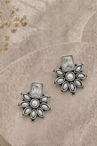 German silver white floral drop earrings
