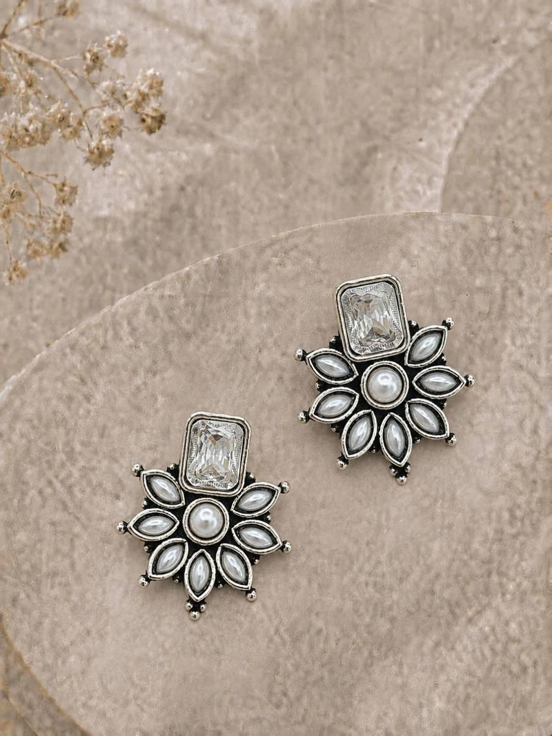 German silver white floral drop earrings