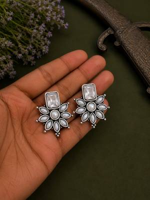 German silver white floral drop earrings 2