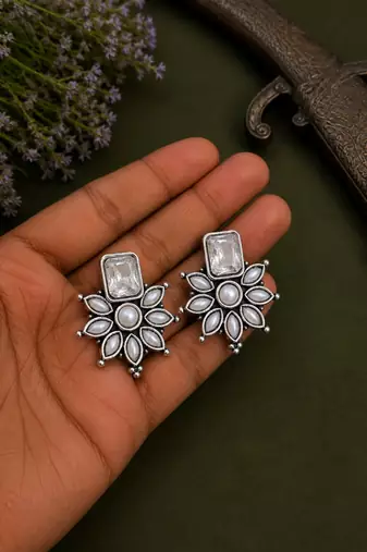 German silver white floral drop earrings