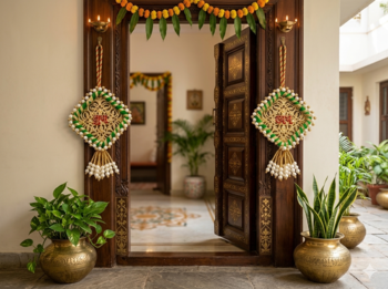 Handmade Shubh Labh Door Hanging with Green Pink Thread Work Home Wall Hanging (Pack of 2) 1