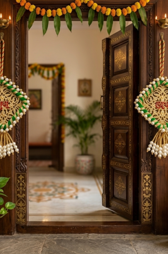 Handmade Shubh Labh Door Hanging with Green Pink Thread Work Home Wall Hanging (Pack of 2)