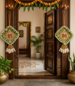Handmade Shubh Labh Door Hanging with Green Pink Thread Work Home Wall Hanging (Pack of 2)