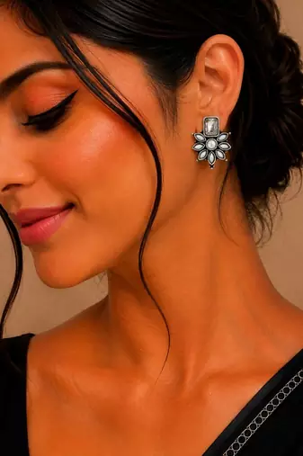 German silver white floral drop earrings