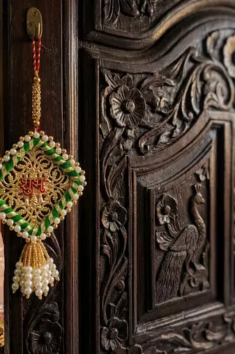 Handmade Shubh Labh Door Hanging with Green Pink Thread Work Home Wall Hanging (Pack of 2)