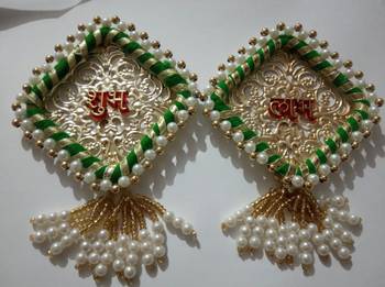 Handmade Shubh Labh Door Hanging with Green Pink Thread Work Home Wall Hanging (Pack of 2) 3