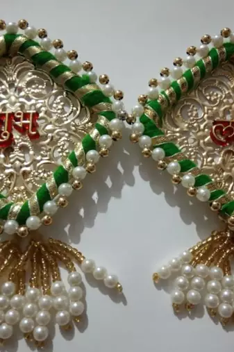 Handmade Shubh Labh Door Hanging with Green Pink Thread Work Home Wall Hanging (Pack of 2)