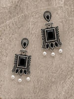 German silver black geometric drop earrings 1