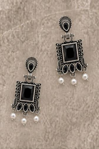 German silver black geometric drop earrings
