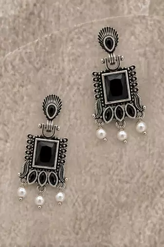 German silver black geometric drop earrings