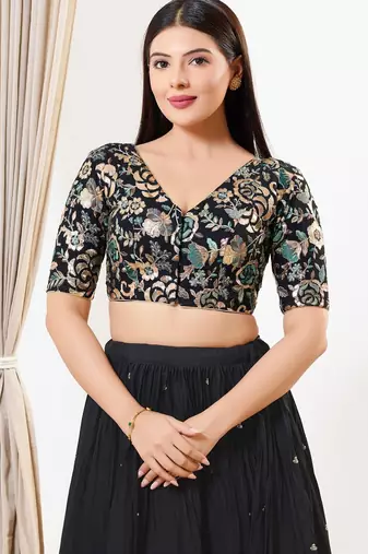 Women's silk padded front open elbow sleeves saree blouse