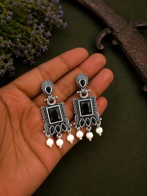 German silver black geometric drop earrings 2