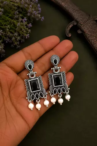 German silver black geometric drop earrings