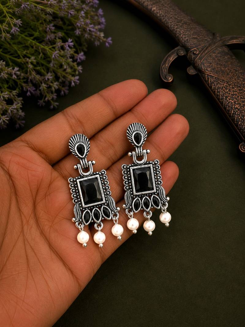 German silver black geometric drop earrings