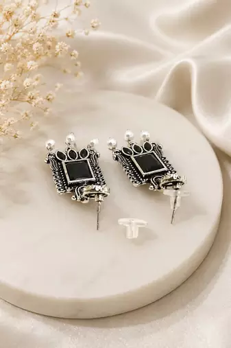 German silver black geometric drop earrings
