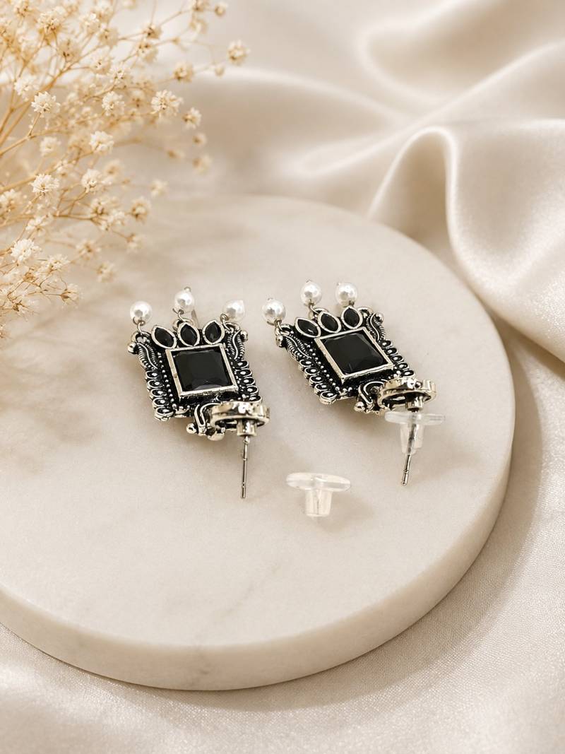 German silver black geometric drop earrings