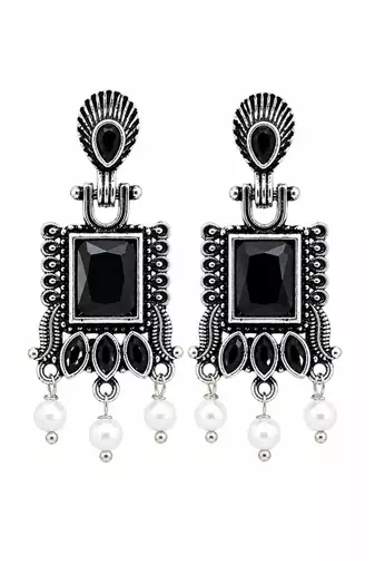 German silver black geometric drop earrings