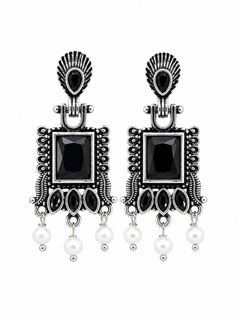 German silver black geometric drop earrings