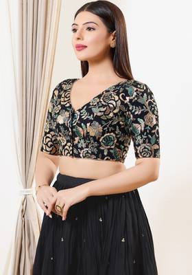 Women's silk padded front open elbow sleeves saree blouse 3