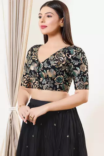 Women's silk padded front open elbow sleeves saree blouse