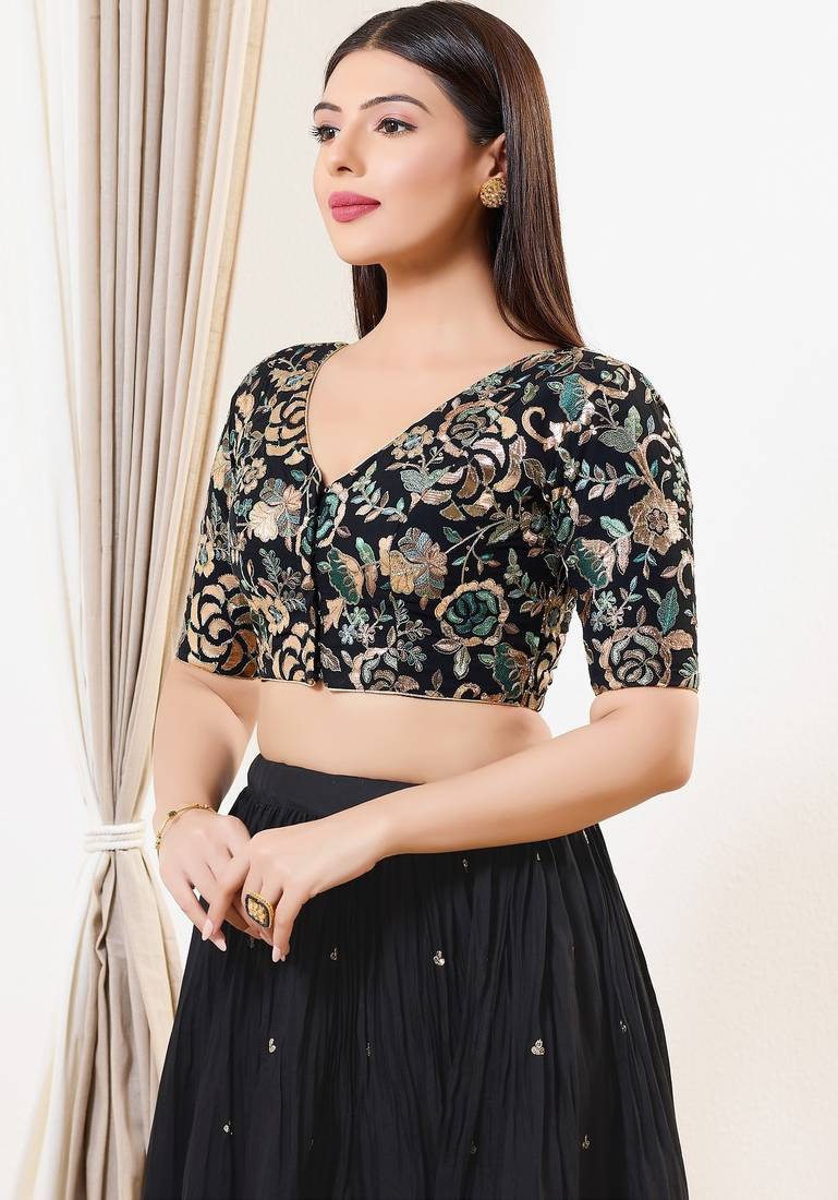 Women's silk padded front open elbow sleeves saree blouse