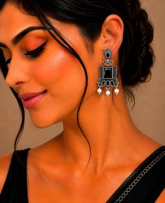 German silver black geometric drop earrings 5