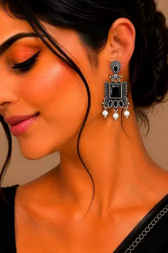 German silver black geometric drop earrings