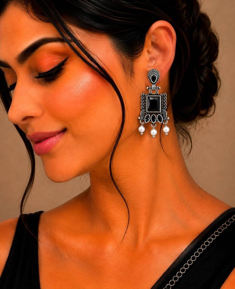 German silver black geometric drop earrings