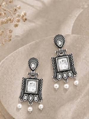 German silver clear white geometric drop earrings 1