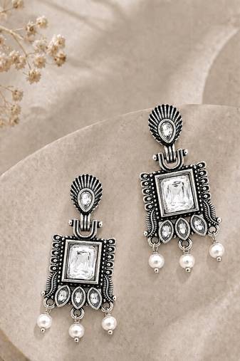 German silver clear white geometric drop earrings