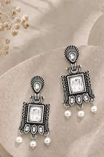 German silver clear white geometric drop earrings