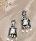 German silver clear white geometric drop earrings