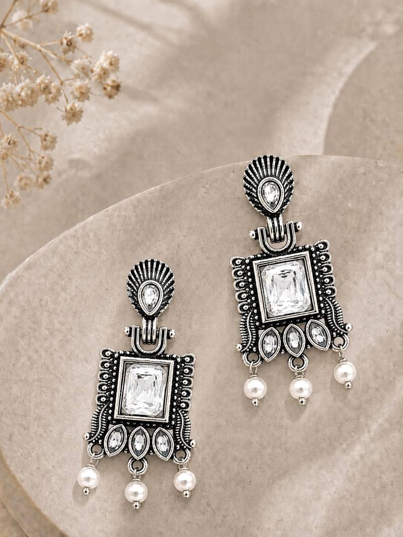 German silver clear white geometric drop earrings