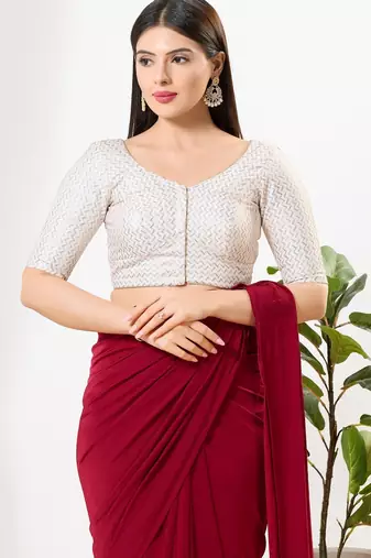 Women's silk padded front open elbow sleeves saree blouse