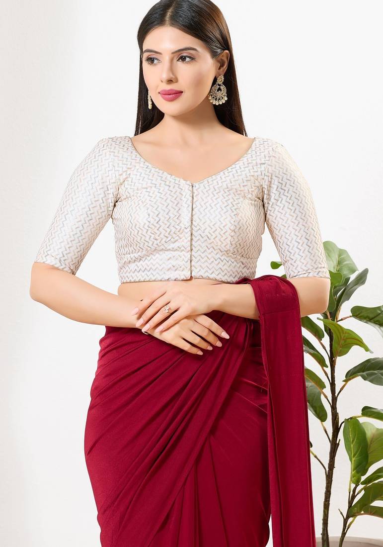 Women's silk padded front open elbow sleeves saree blouse
