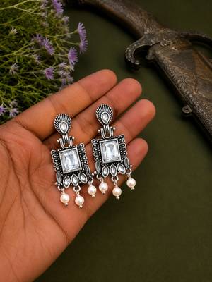 German silver clear white geometric drop earrings 2