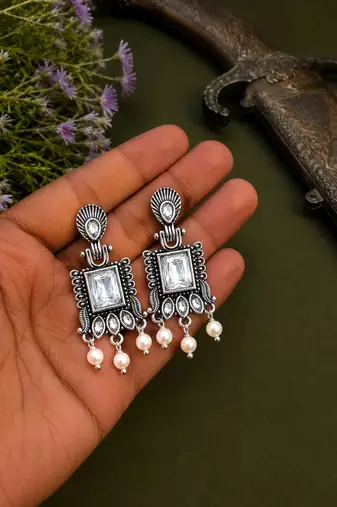German silver clear white geometric drop earrings