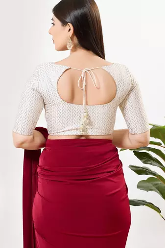 Women's silk padded front open elbow sleeves saree blouse