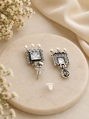 German silver clear white geometric drop earrings 3