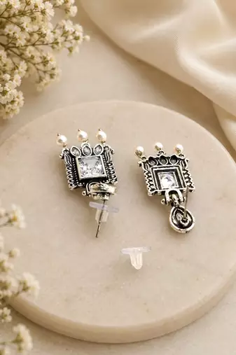 German silver clear white geometric drop earrings