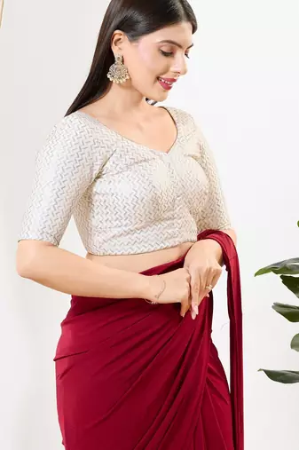 Women's silk padded front open elbow sleeves saree blouse