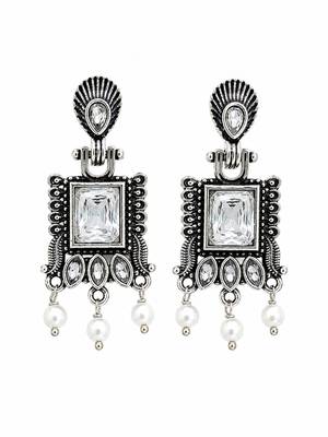 German silver clear white geometric drop earrings 4