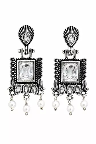 German silver clear white geometric drop earrings
