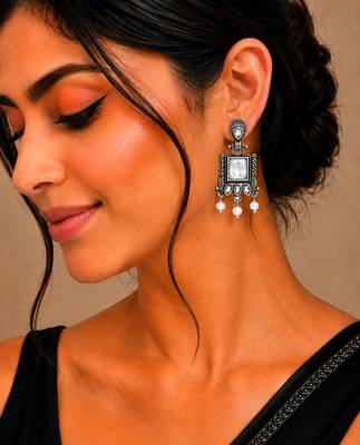 German silver clear white geometric drop earrings 5