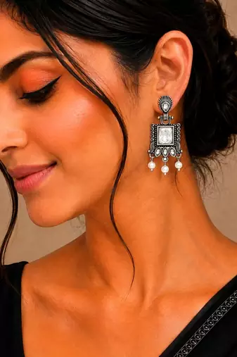 German silver clear white geometric drop earrings